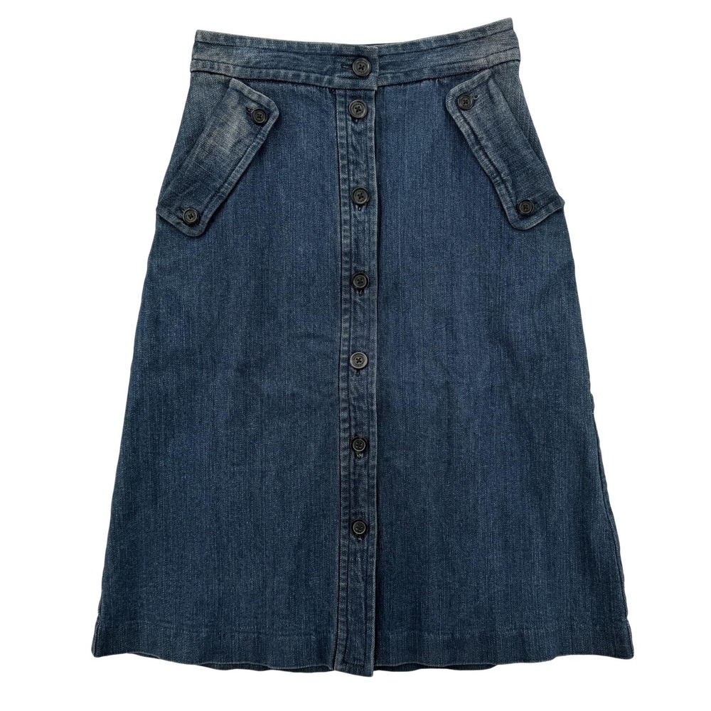 Michael Kors Skirt Womens 00 Blue‎ Denim Midi Button Front Pockets Jean Stretch